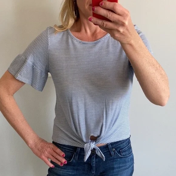 Blue & White Stripe Ruffle Sleeve Top - Picture 2 of 10